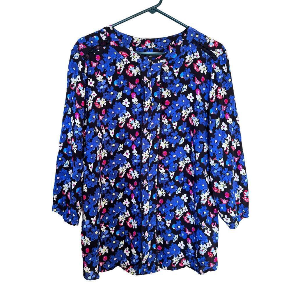 Talbots Womens Tunic Top Plus‎ Size 2X Shirt Blue Red Floral Crochet Work Career